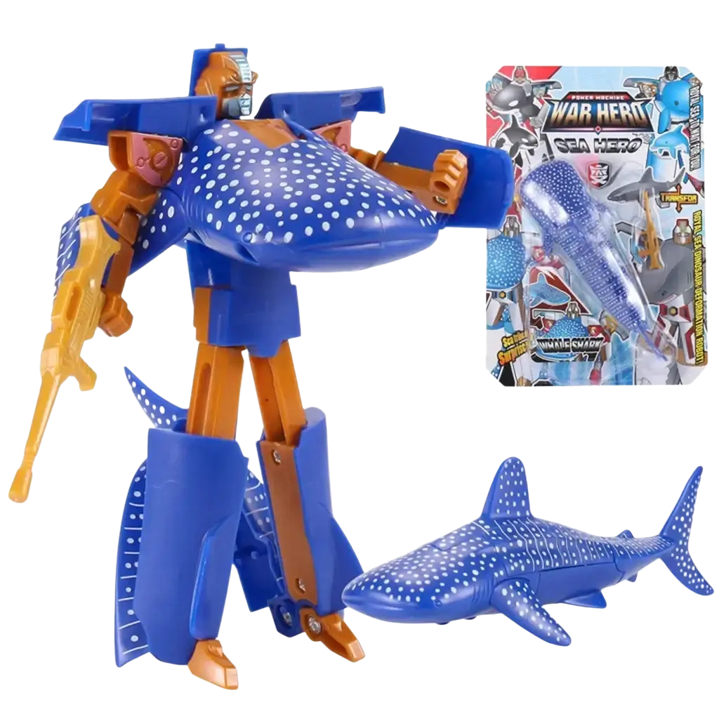 Blue and orange whale shark-themed robot toy with white spots shown as humanoid figure and separate shark finished goods