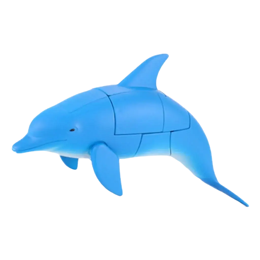 Blue plastic dolphin puzzle toy with segmented body and glossy finish featured as shark transforming robot toy finished goods