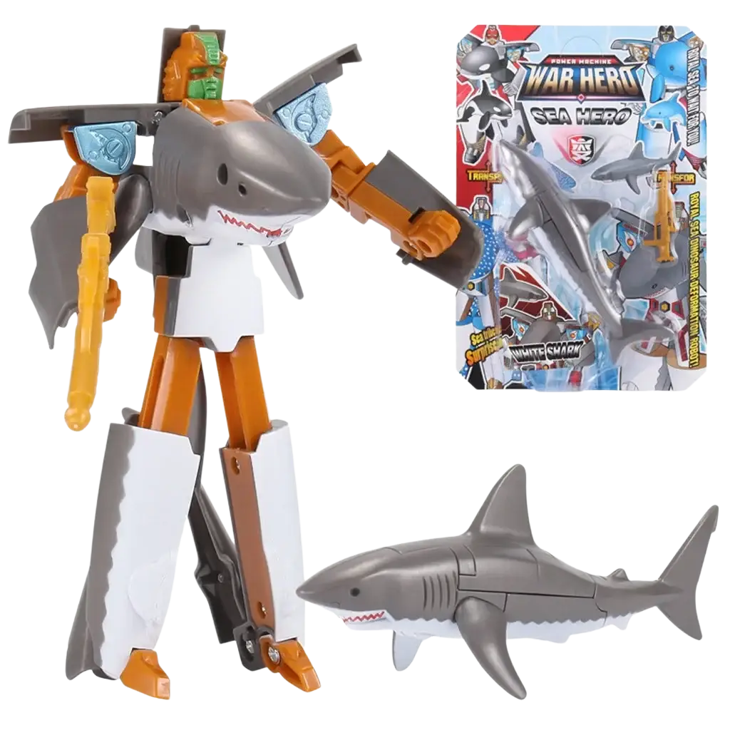 Gray and orange shark transforming robot toy with white accents made of plastic finished goods for collectors