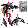 Red white and black plastic orca robot toy with matching figure beside it featured in shark transforming robot toy finished goods