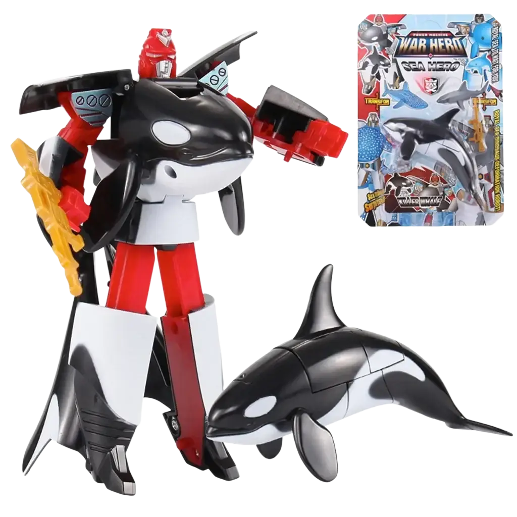 Red white and black plastic orca robot toy with matching figure beside it featured in shark transforming robot toy finished goods