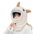 Cream-colored plush shark winter hat with brown ears white teeth and black adjustable chin strap for ear protection
