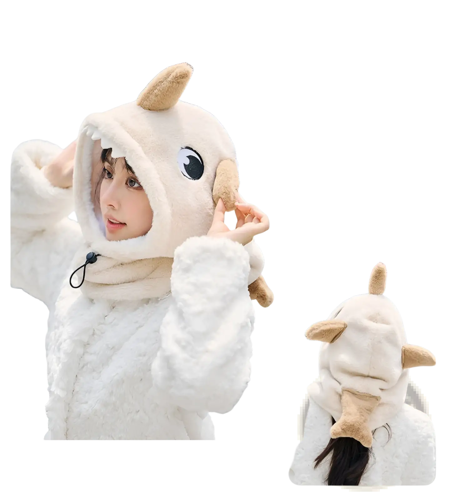 A plush cream-colored dinosaur-themed shark winter hat with tan horns and black eye detail for ear protection