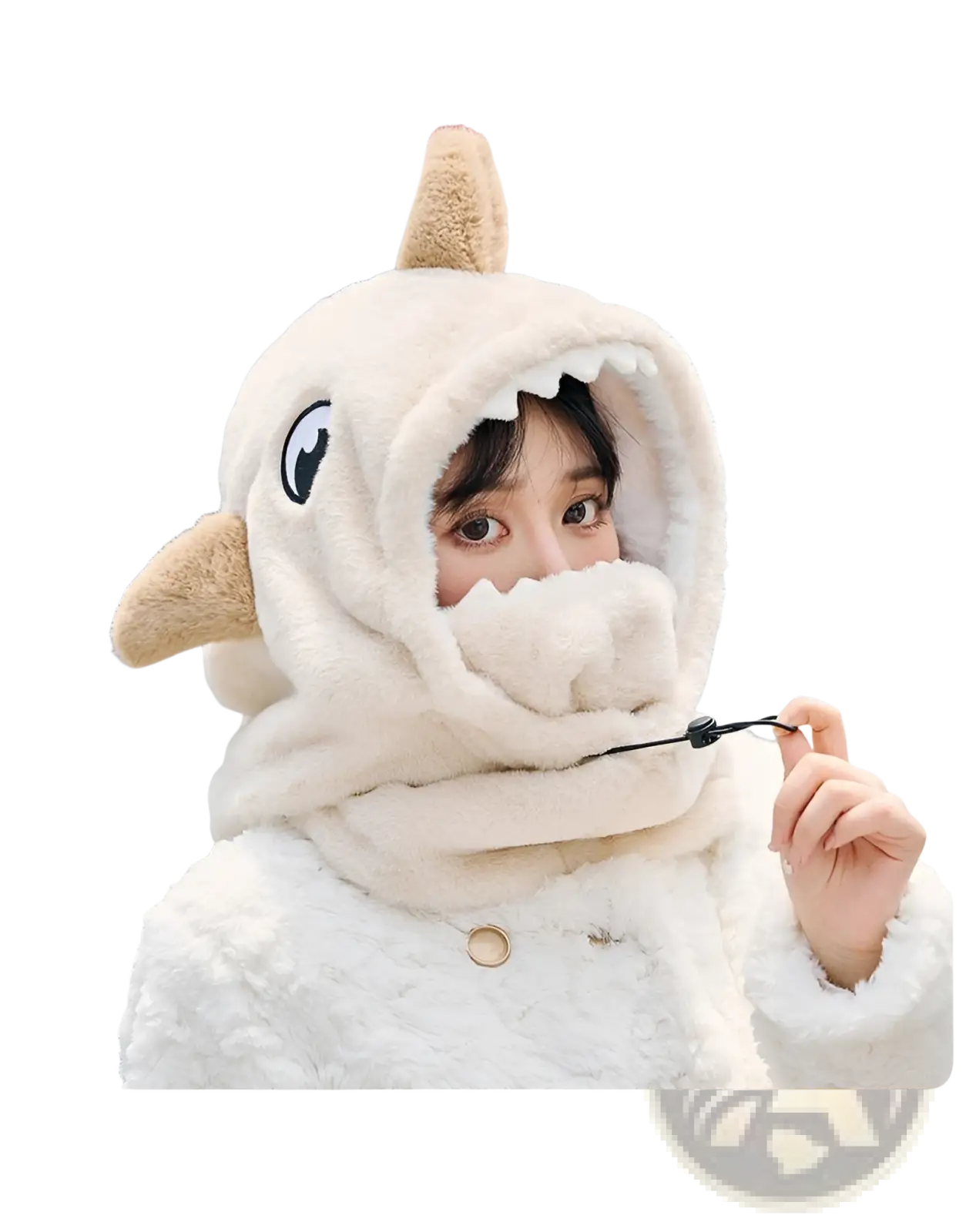 Cream-colored plush shark winter hat with soft fur texture and tan ear accents for animal ear protection