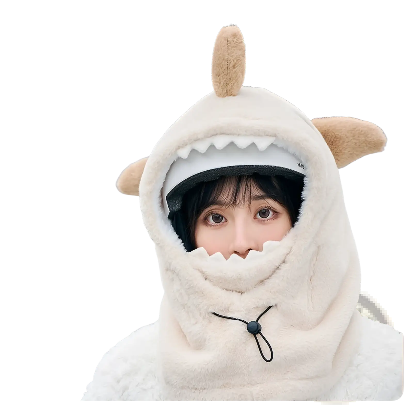 Cream-colored plush shark winter hat with soft fur texture and tan horn accents for ear protection in cold weather