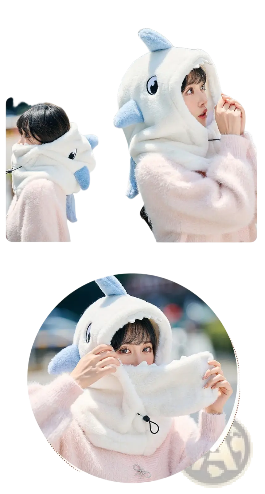 Shark winter hat plush animal ear protection cap in white and light blue with dolphin shape and attached scarf