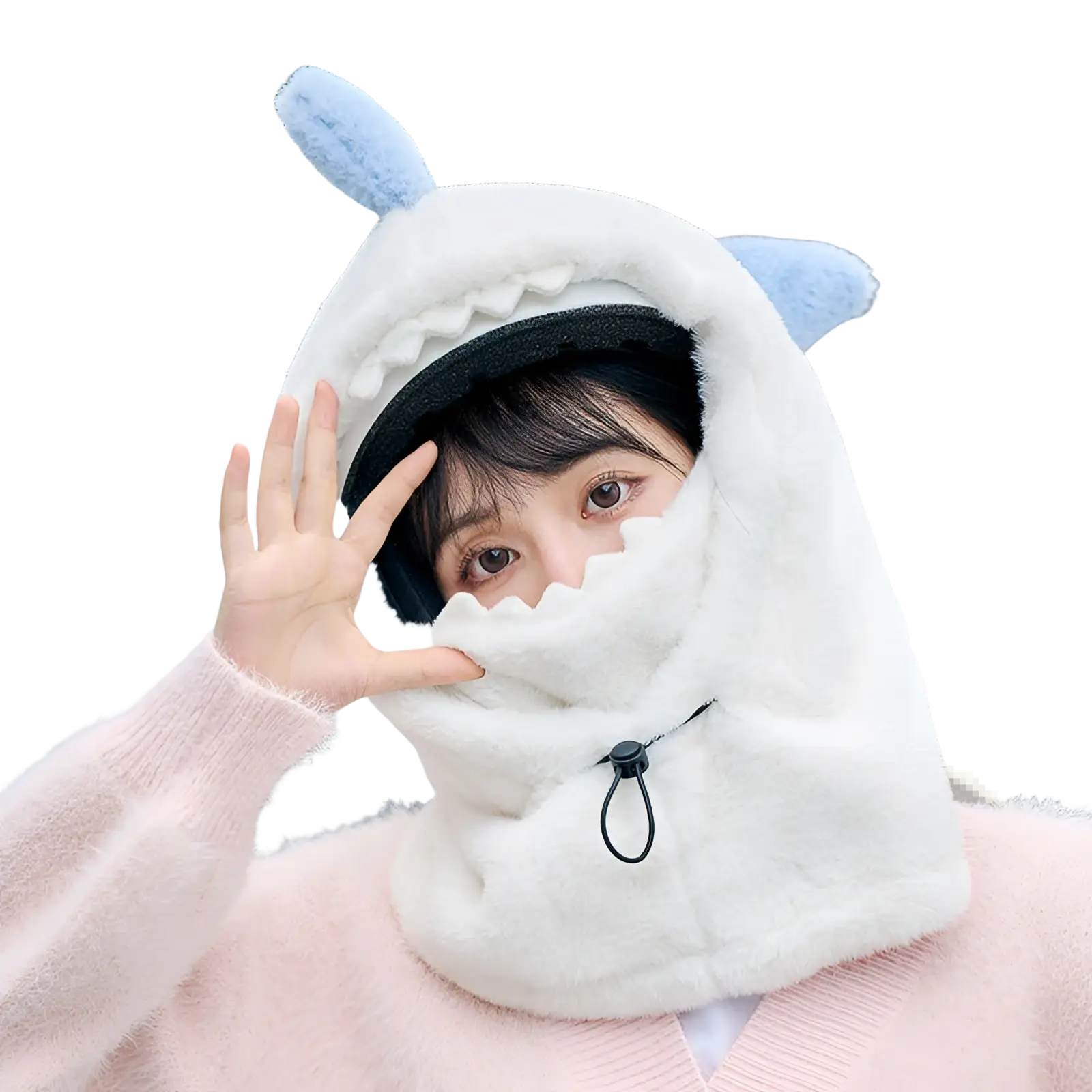 White plush shark-shaped winter hat with light blue ears and black zipper detail for ear protection