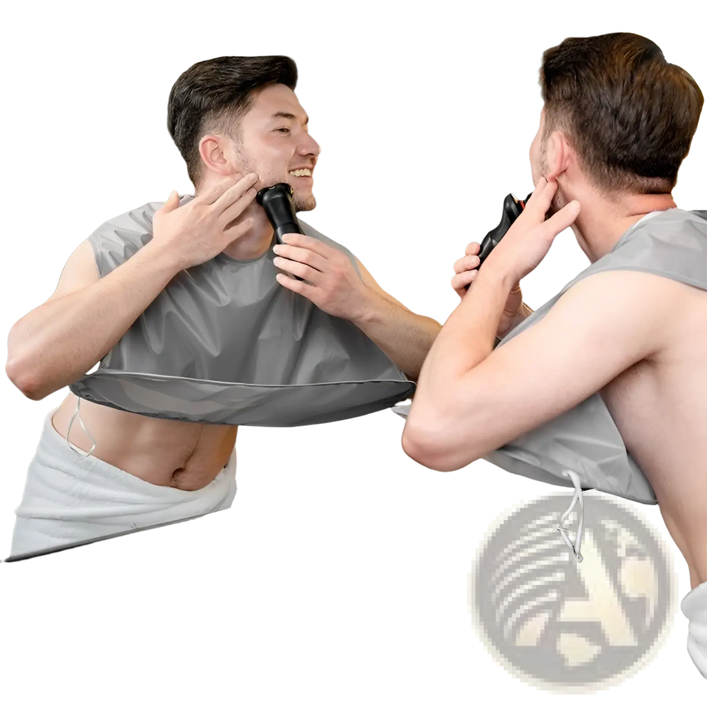 Gray waterproof barber cape apron with adjustable strap and elasticized hem for foldable shaving bib use