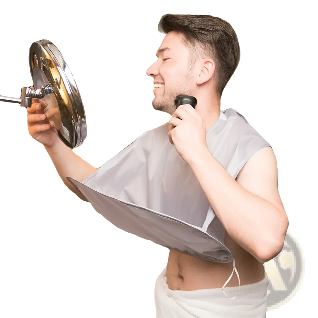 Gray fabric shaving bib foldable waterproof barber cape apron with adjustable strap and reflective metallic mirror attachment