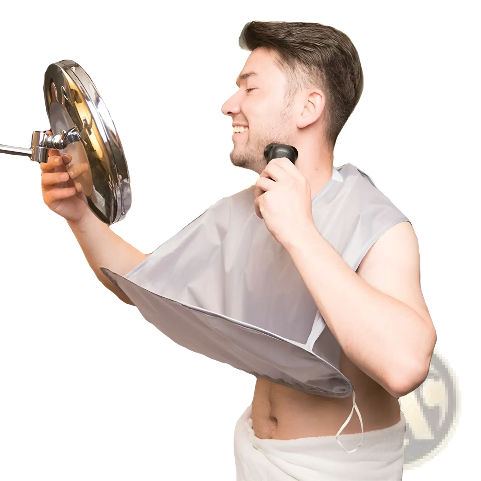 Gray fabric shaving bib foldable waterproof barber cape apron with adjustable strap and reflective metallic mirror attachment