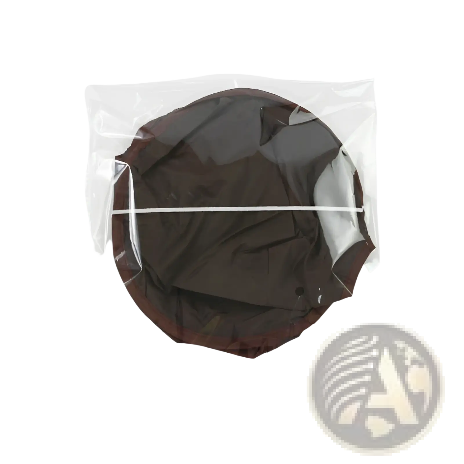 Dark brown circular shower cap made of waterproof material packaged in clear plastic for shaving bib use