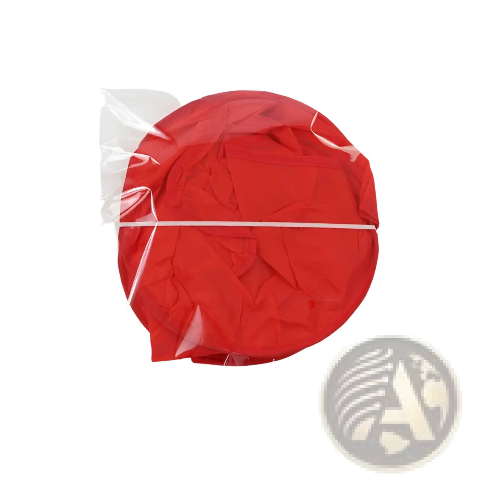 A vibrant red circular balloon wrapped in clear plastic packaging for a foldable waterproof shaving bib barber cape apron