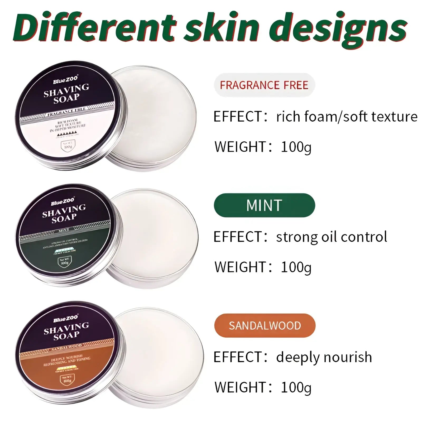 Three metallic blue tins of moisturizing shaving soap for men in sandalwood, mint, and fragrance-free variants with white cream