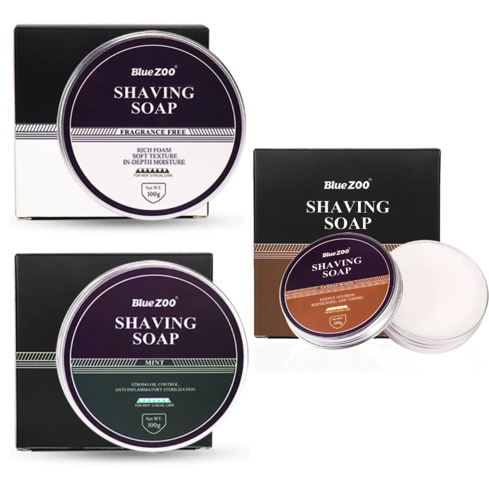 Blue zoo shaving soap in round metal containers with black and white labels in sandalwood and mint scents for men