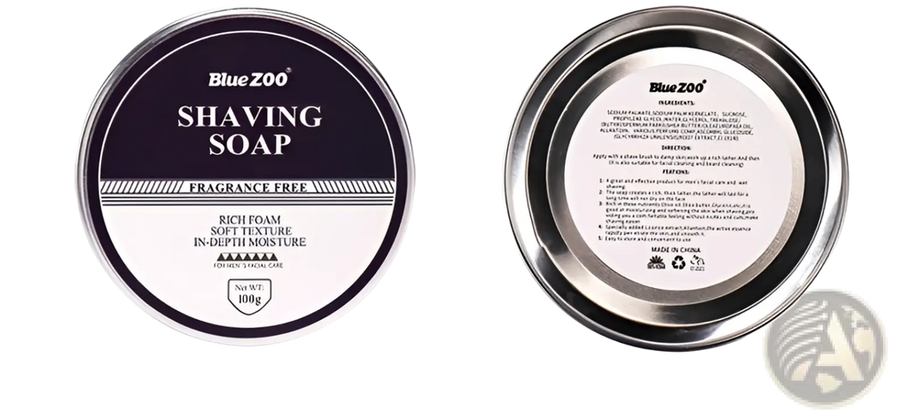 Blue zoo shaving soap in a round metallic tin with dark purple and white label moisturizing sandalwood mint cream