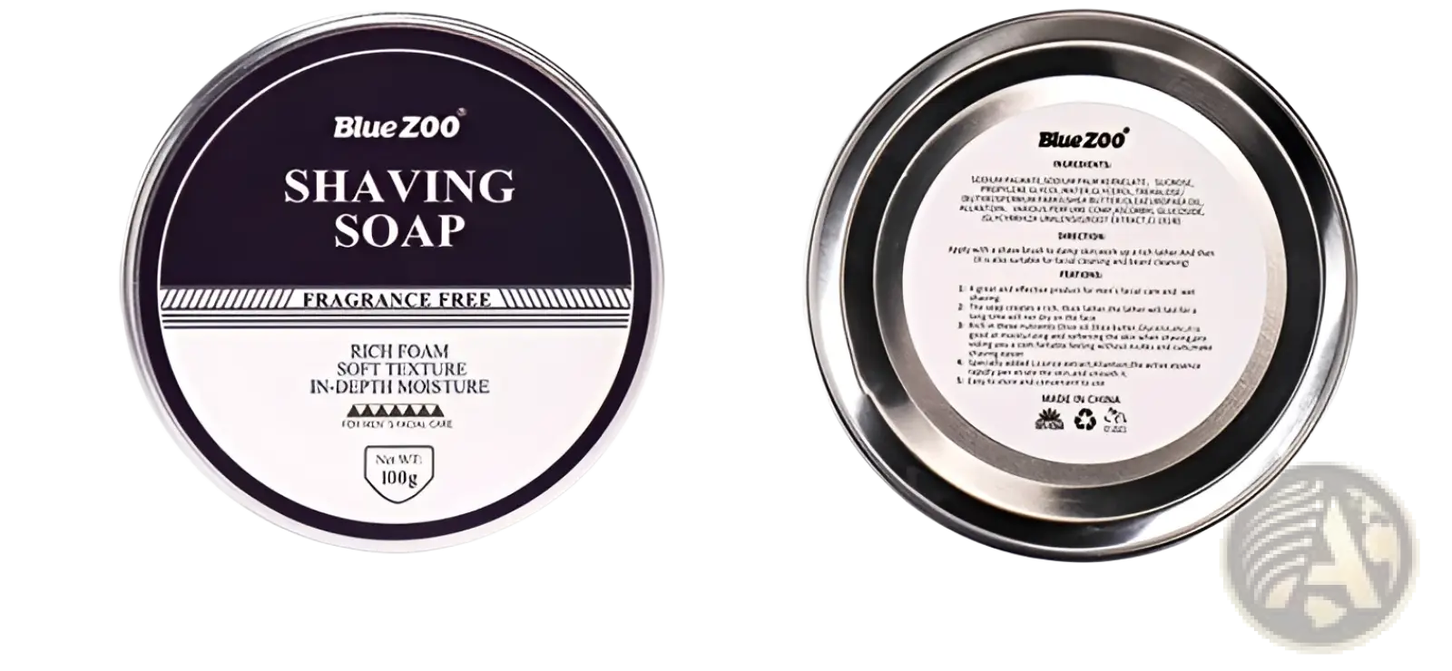 Blue zoo shaving soap in a round metallic tin with dark purple and white label moisturizing sandalwood mint cream