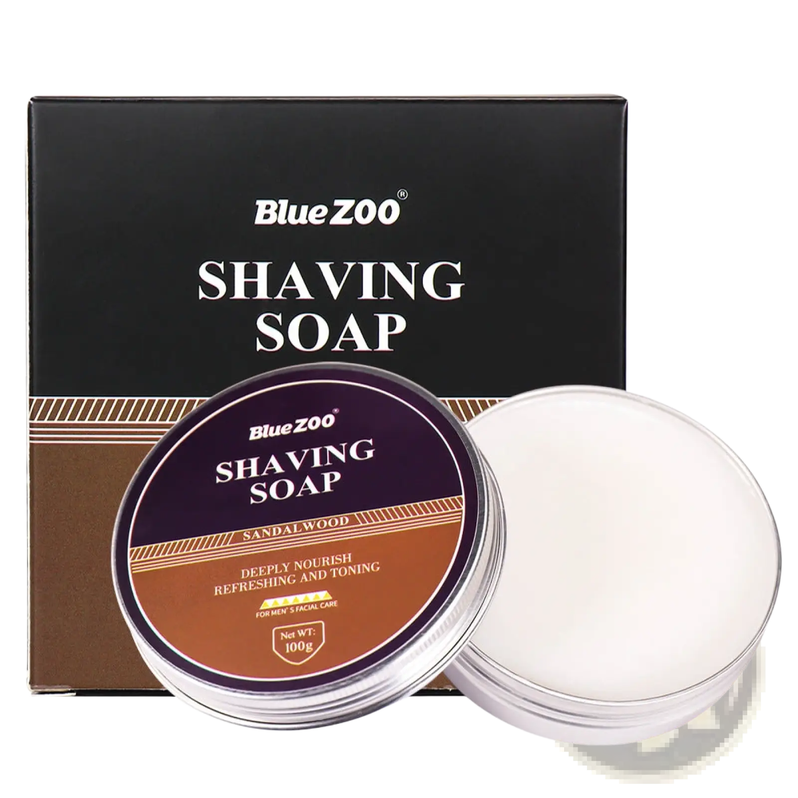 Bluezoo sandalwood shaving soap in a round metallic tin with a brown and purple label for moisturizing men’s use
