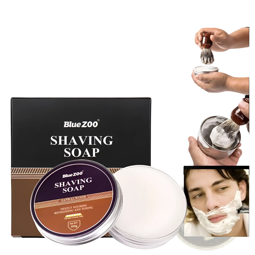 Blue zoo sandalwood shaving soap in a round silver tin with a brown and purple label for men’s moisturizing use