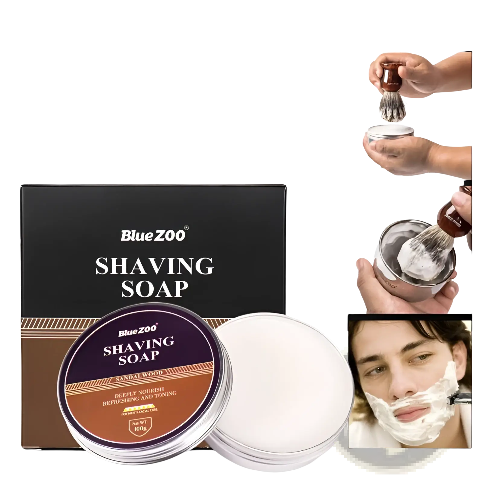 Blue zoo sandalwood shaving soap in a round silver tin with a brown and purple label for men’s moisturizing use