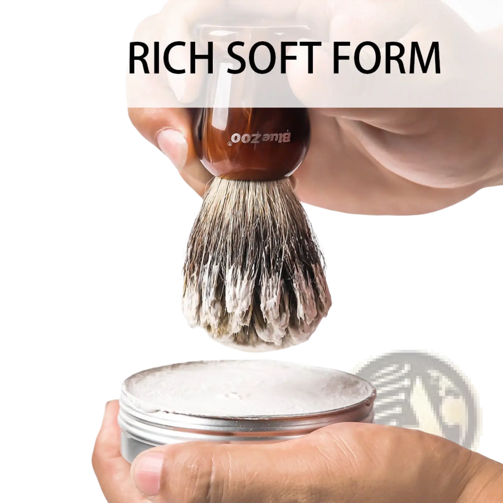 Brown-handled shaving brush with dense natural bristles for use with shaving soap men’s moisturizing sandalwood mint cream