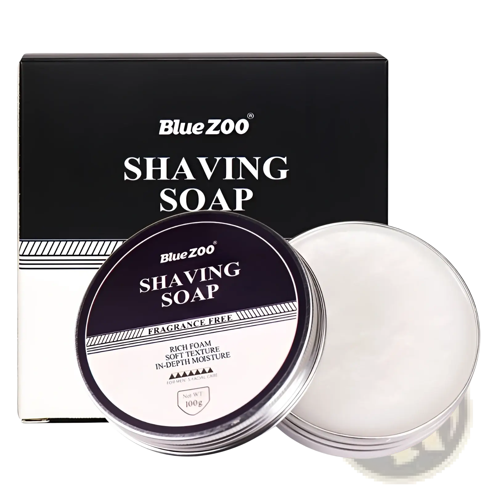 Blue zoo shaving soap men’s moisturizing sandalwood mint cream in a round silver metal tin with white and purple label