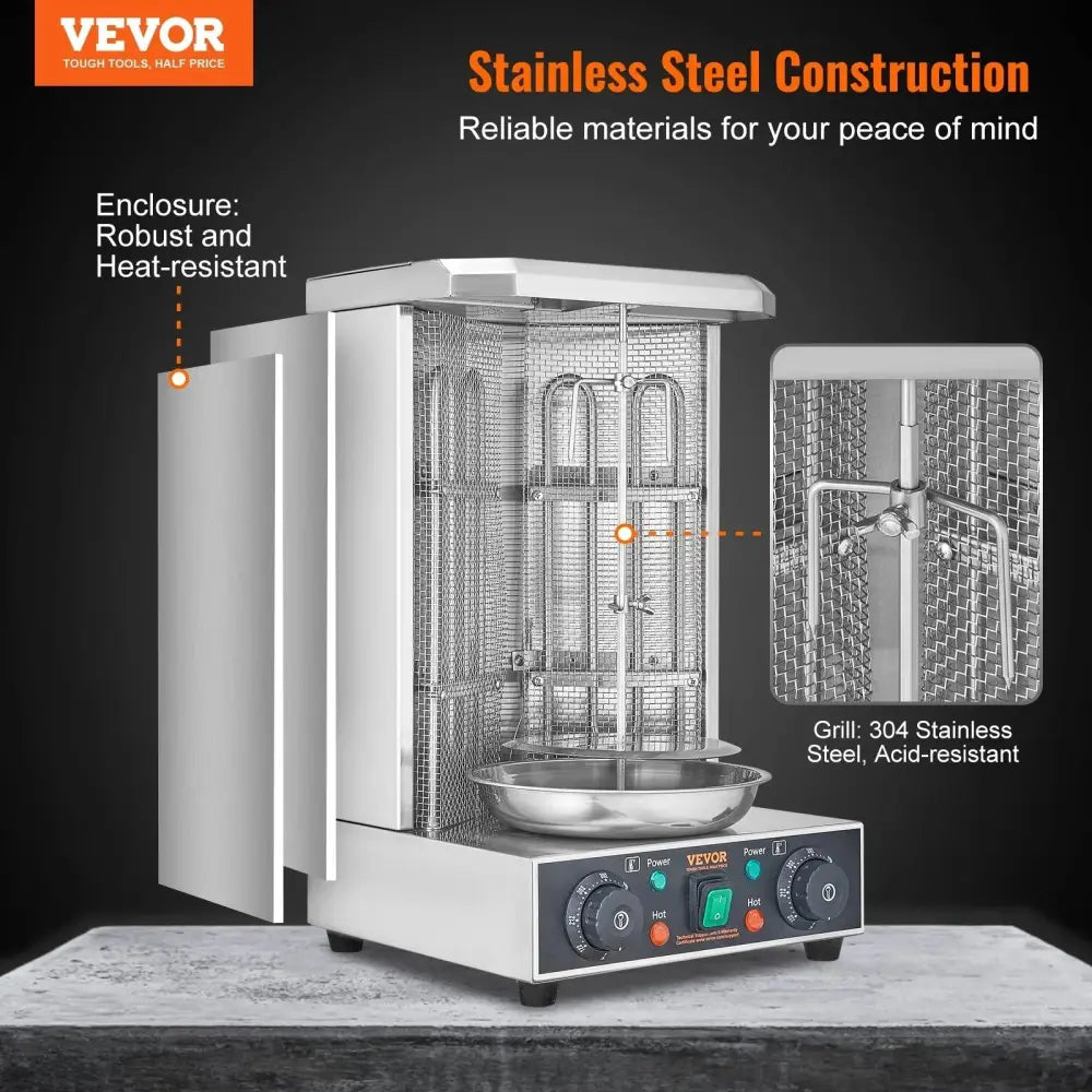 Vevor electric vertical shawarma and doner kebab grill with stainless steel mesh enclosure and acid-resistant 304 grilling surface