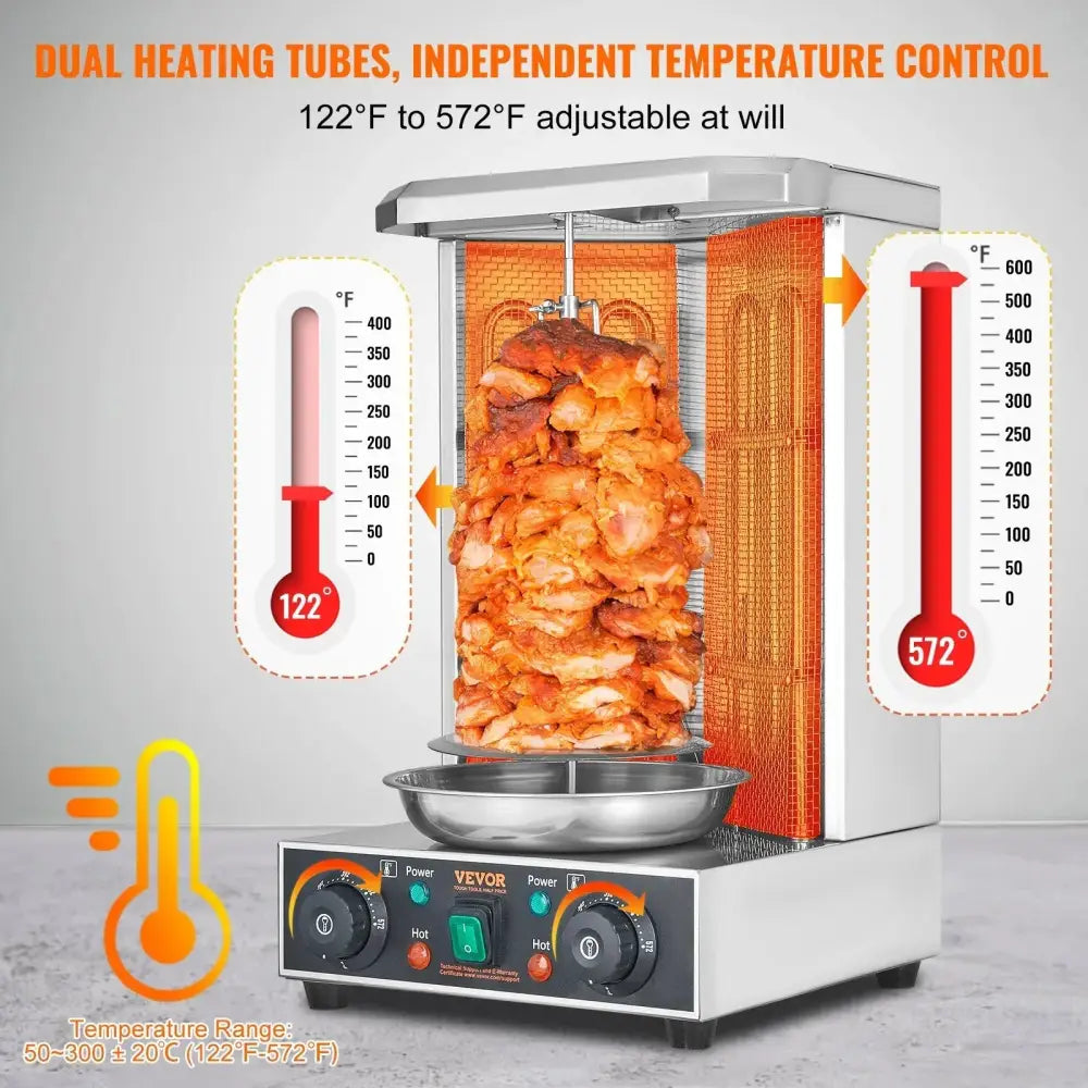 Silver Vevor electric vertical shawarma and doner kebab grill in stainless steel with dual heating tubes and adjustable temperature