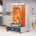 Silver stainless steel vevor electric vertical shawarma and doner kebab grill with orange mesh sides and metal bowl below