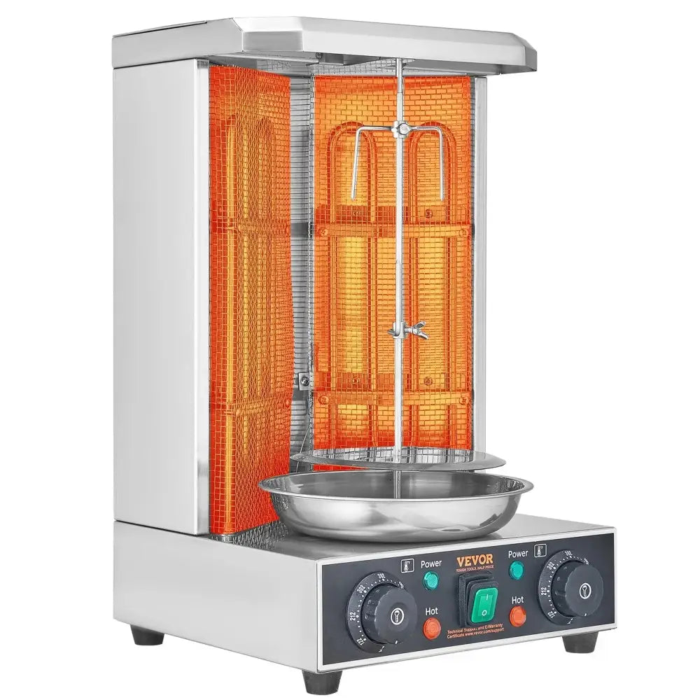 Stainless steel vevor electric vertical shawarma and doner kebab grill with orange heating elements and dual control knobs