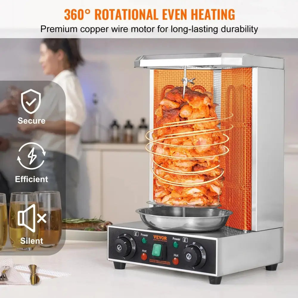 Silver stainless steel vevor 360-degree rotating vertical electric shawarma and doner kebab grill with copper wire motor and orange heating element