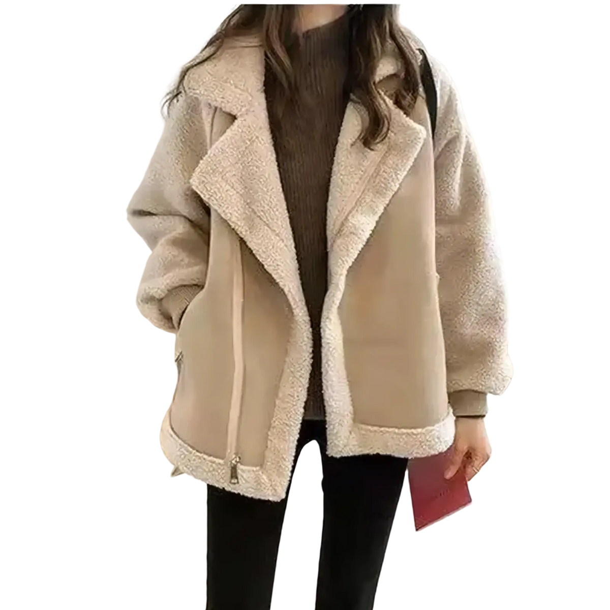 Beige shearling bomber jacket oversized winter coat with soft plush texture and contrasting cream-colored trim