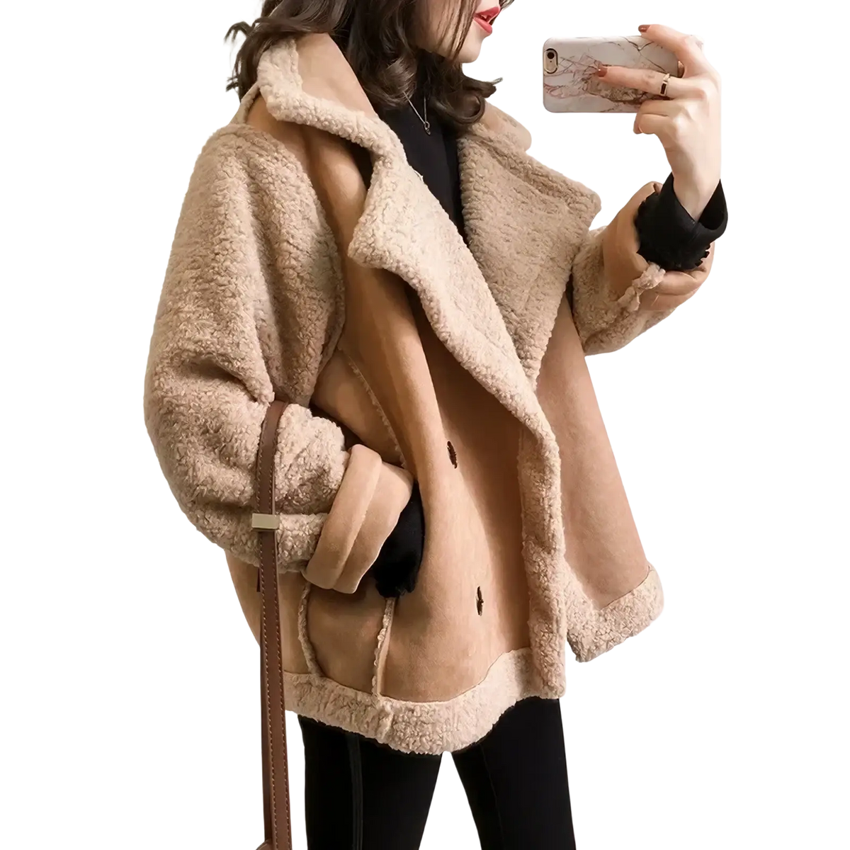 Beige shearling bomber jacket oversized winter coat with plush textured exterior and soft inner lining