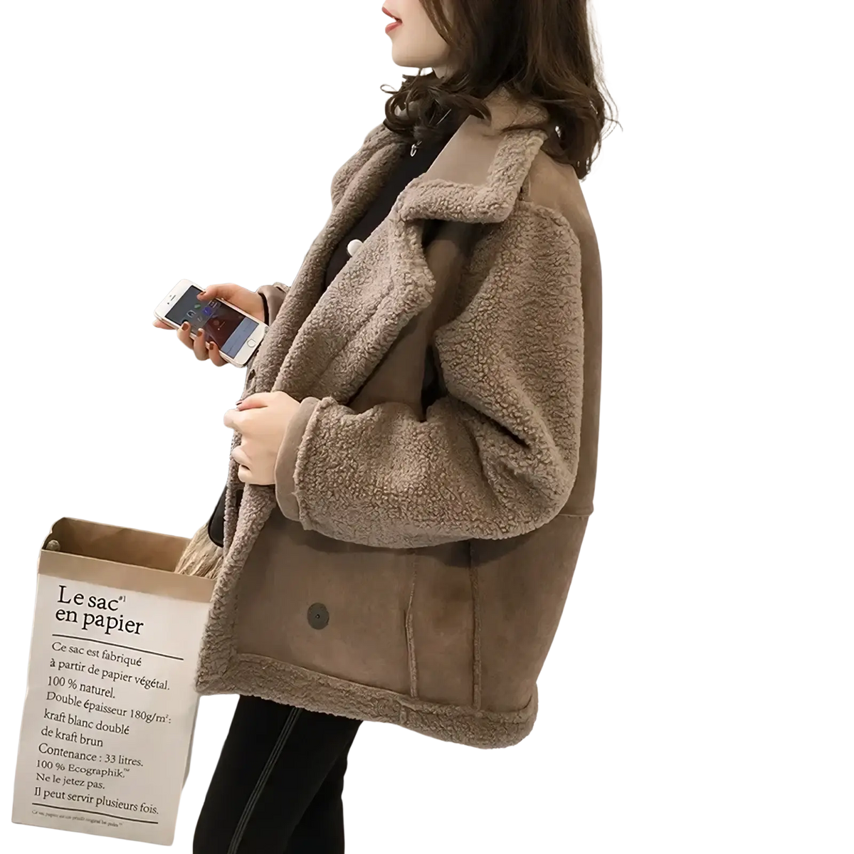 Shearling bomber jacket oversized winter coat in tan with a plush shearling lining and classic collar for warmth