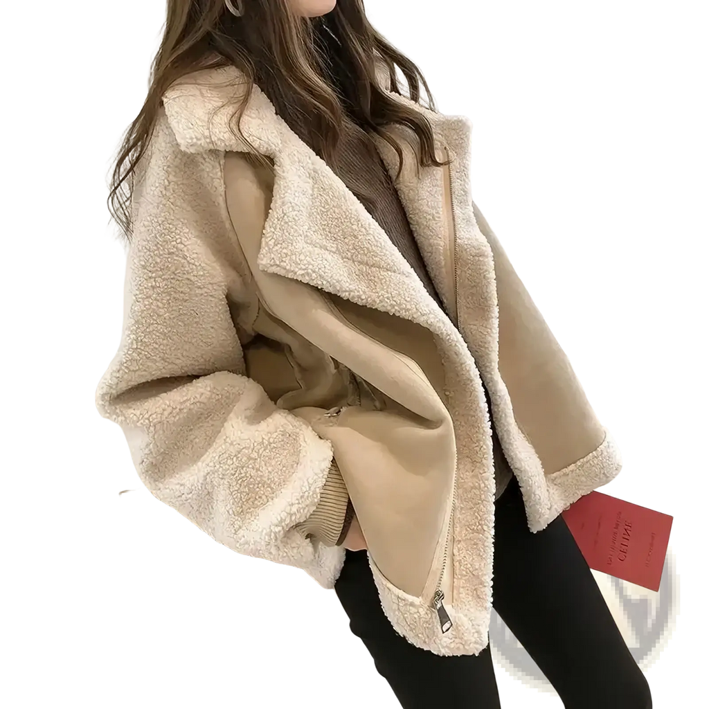 Cream-colored shearling bomber jacket oversized winter coat with plush interior and smooth outer fabric