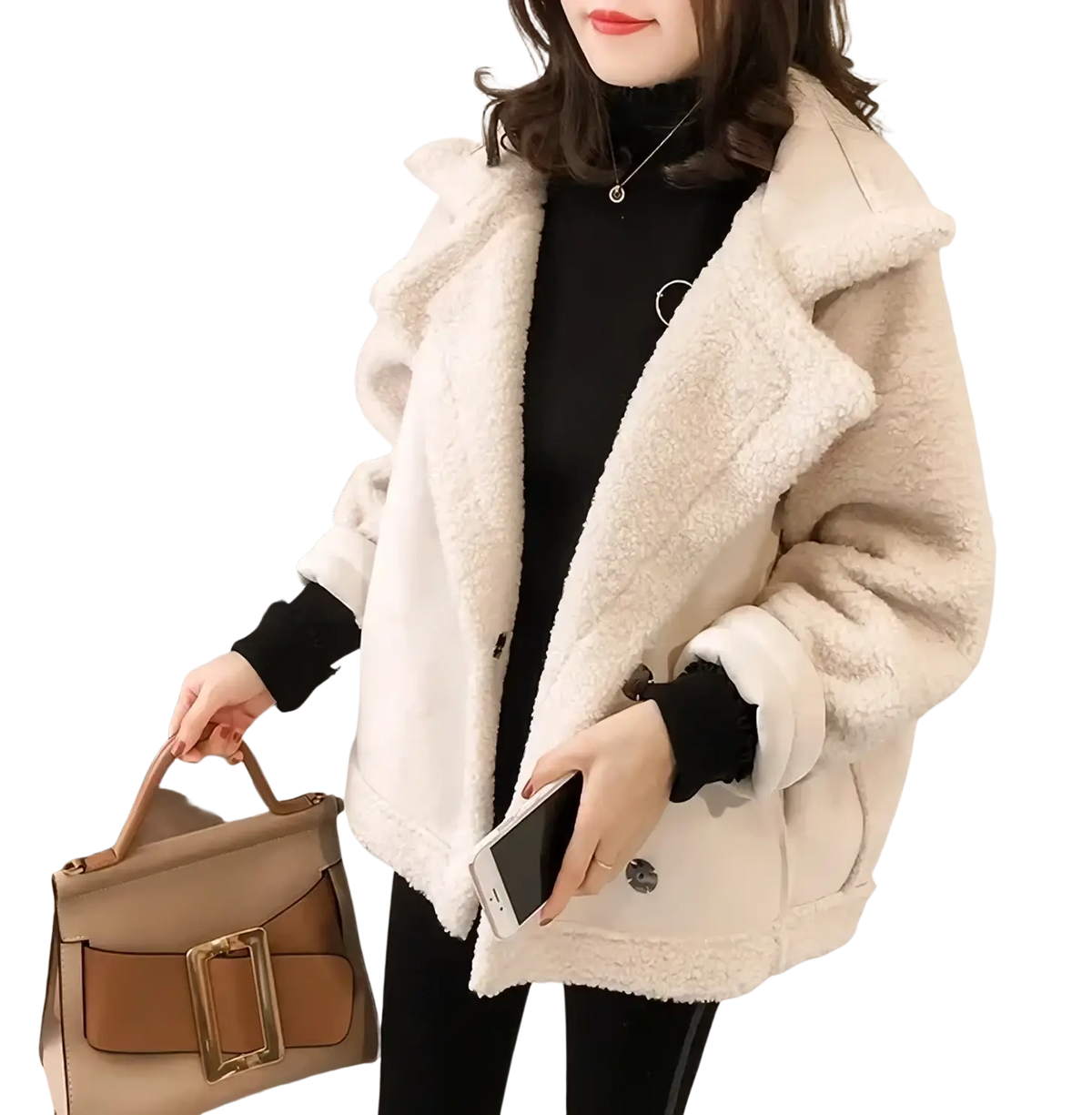 Cream-colored shearling bomber jacket with plush textured exterior and contrasting black inner lining for winter wear