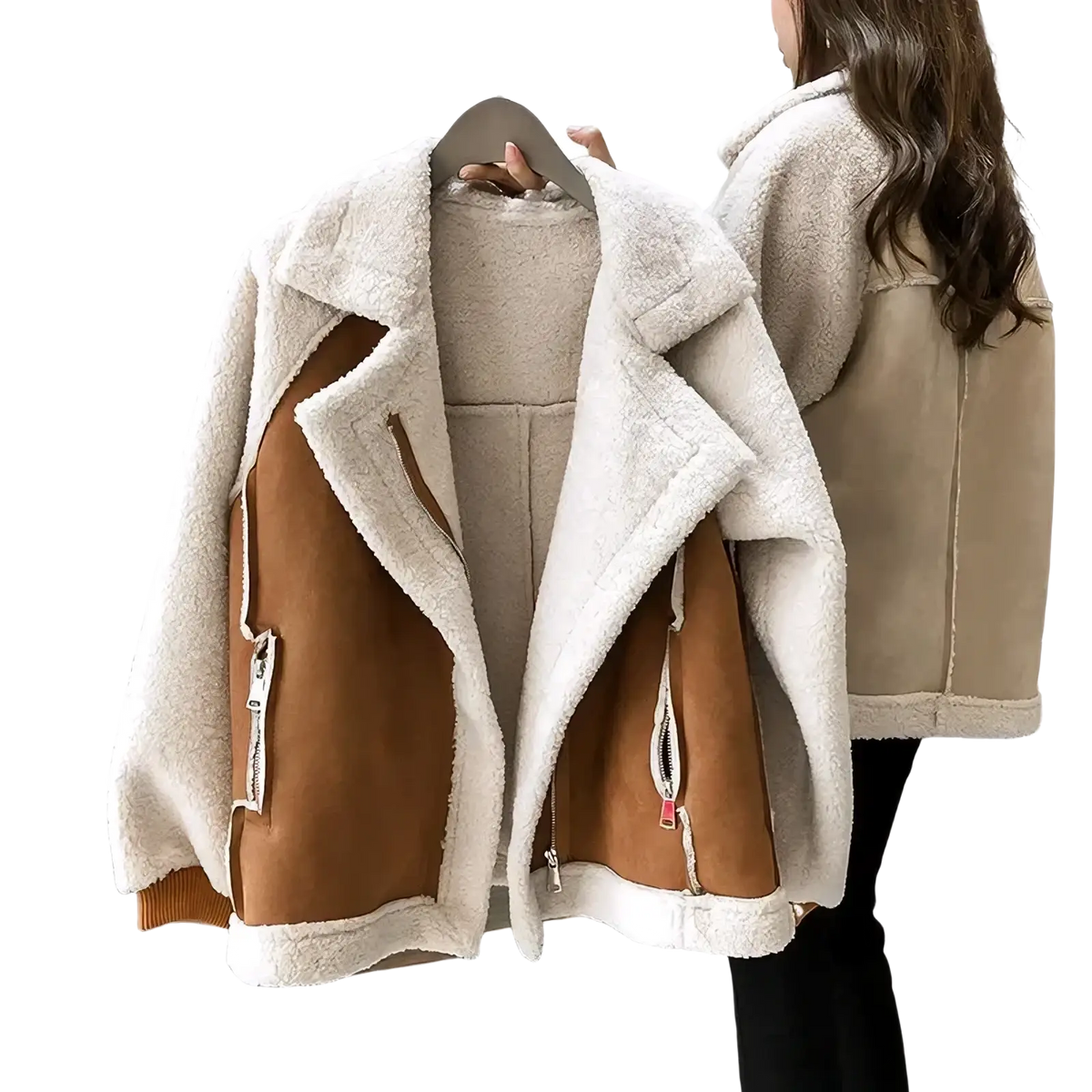 Cream and tan shearling bomber jacket with plush textured interior lining oversized winter coat for cold weather