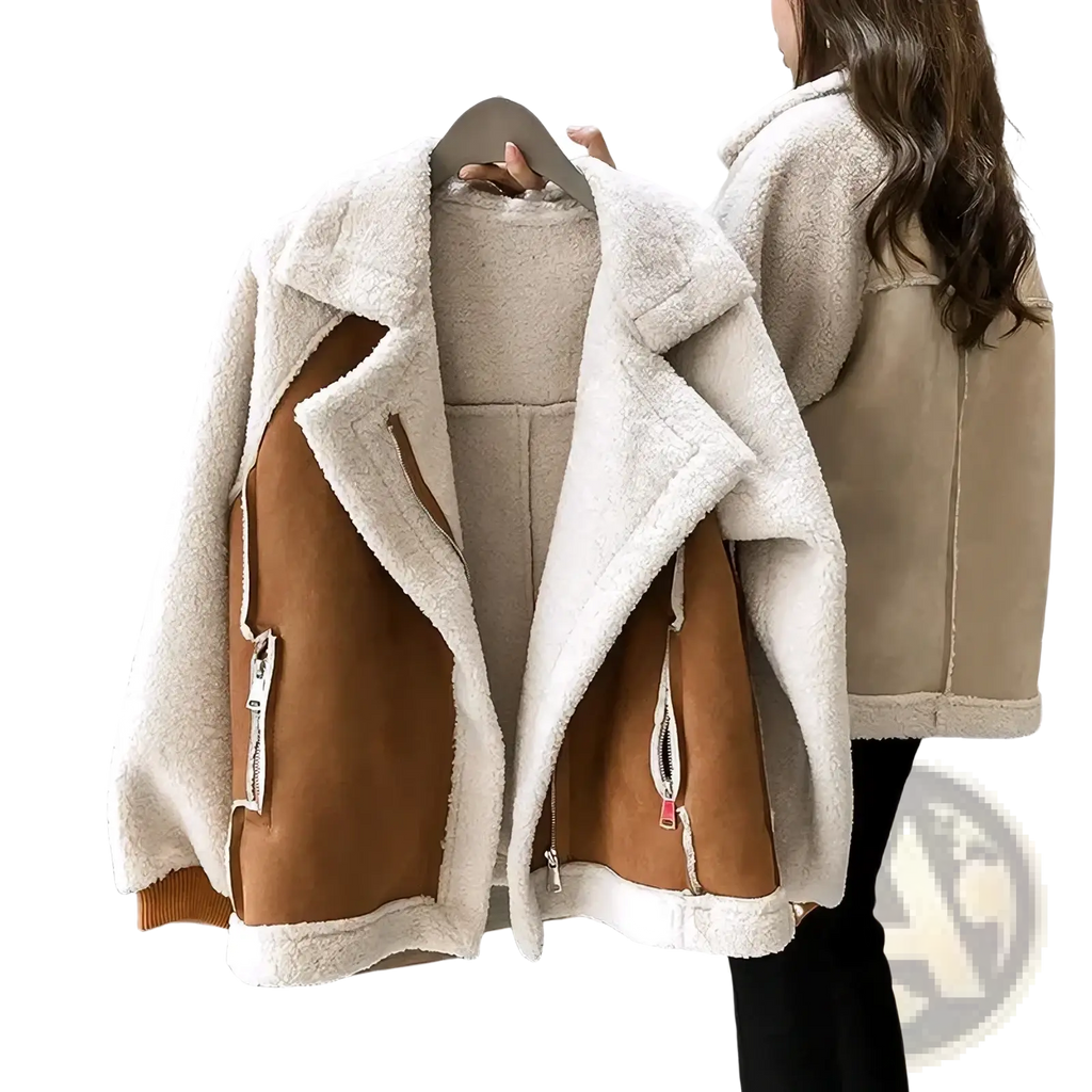 Cream and tan shearling bomber jacket with plush textured interior lining oversized winter coat for cold weather