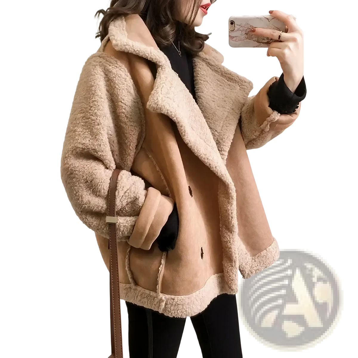 Beige shearling bomber jacket oversized winter coat with plush textured exterior and soft inner lining