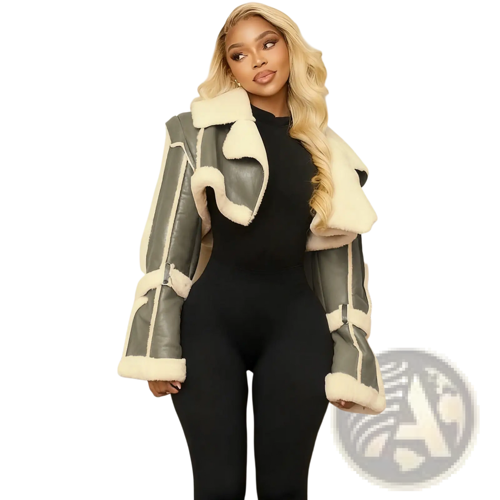Shearling leather short jacket for women in stylish gray with cream fur trim and black leather accents