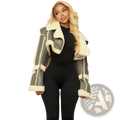 Shearling leather short jacket for women in stylish gray with cream fur trim and black leather accents