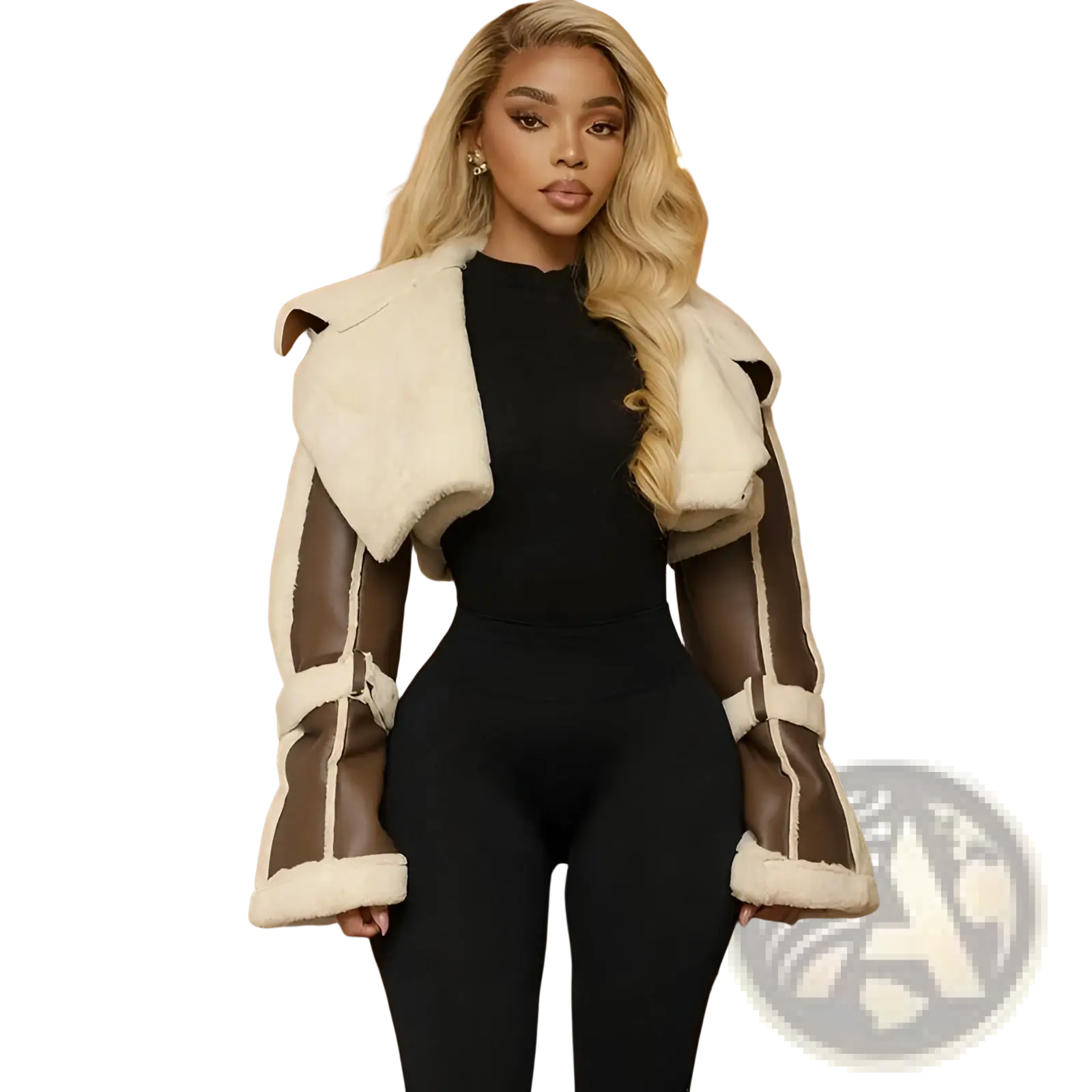 Shearling leather short jacket for women in cream with brown leather panels white trim and shearling lining