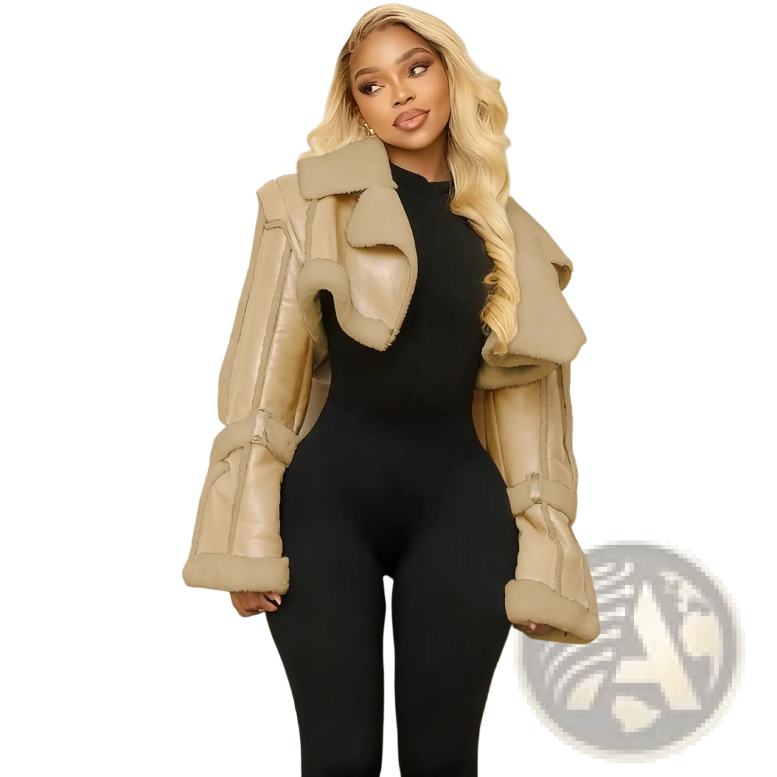 Beige shearling leather short jacket for women with a plush textured interior and structured outer shell