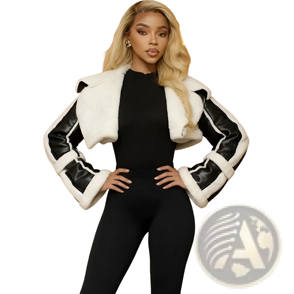 Black and white shearling leather short jacket for women with faux fur lining and cropped design