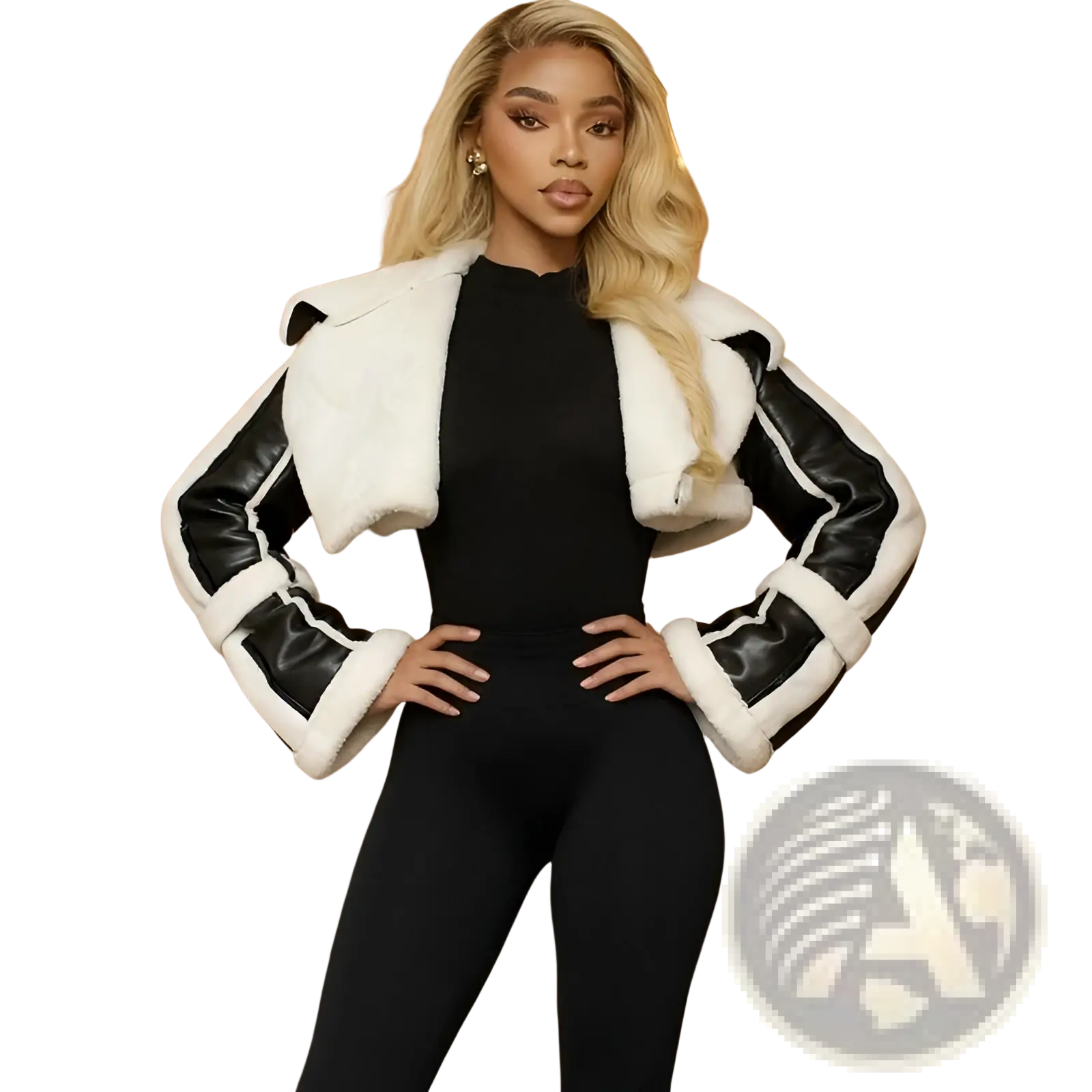 Black and white shearling leather short jacket for women with faux fur lining and cropped design