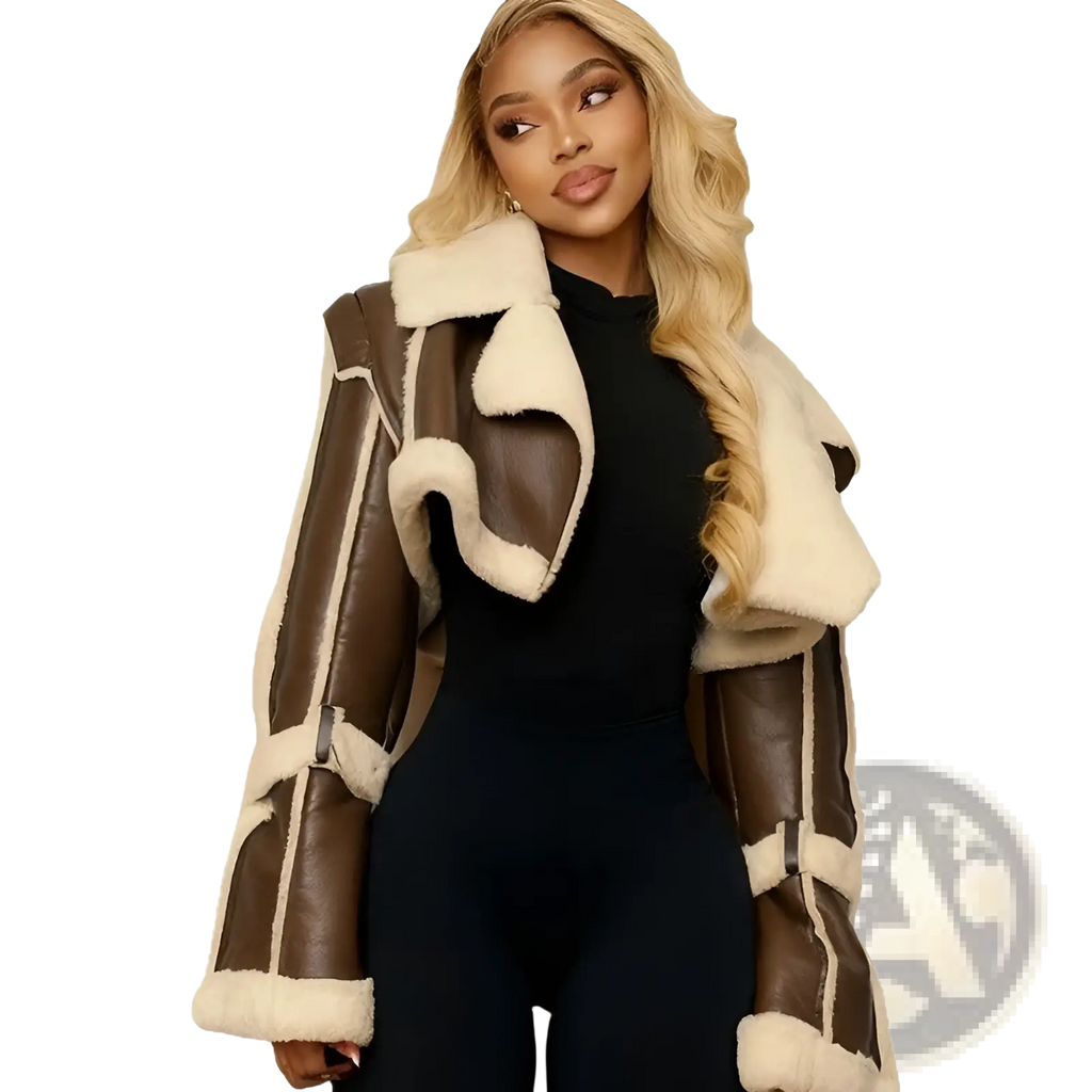 Brown shearling leather short jacket for women with cream-colored fleece lining and trim