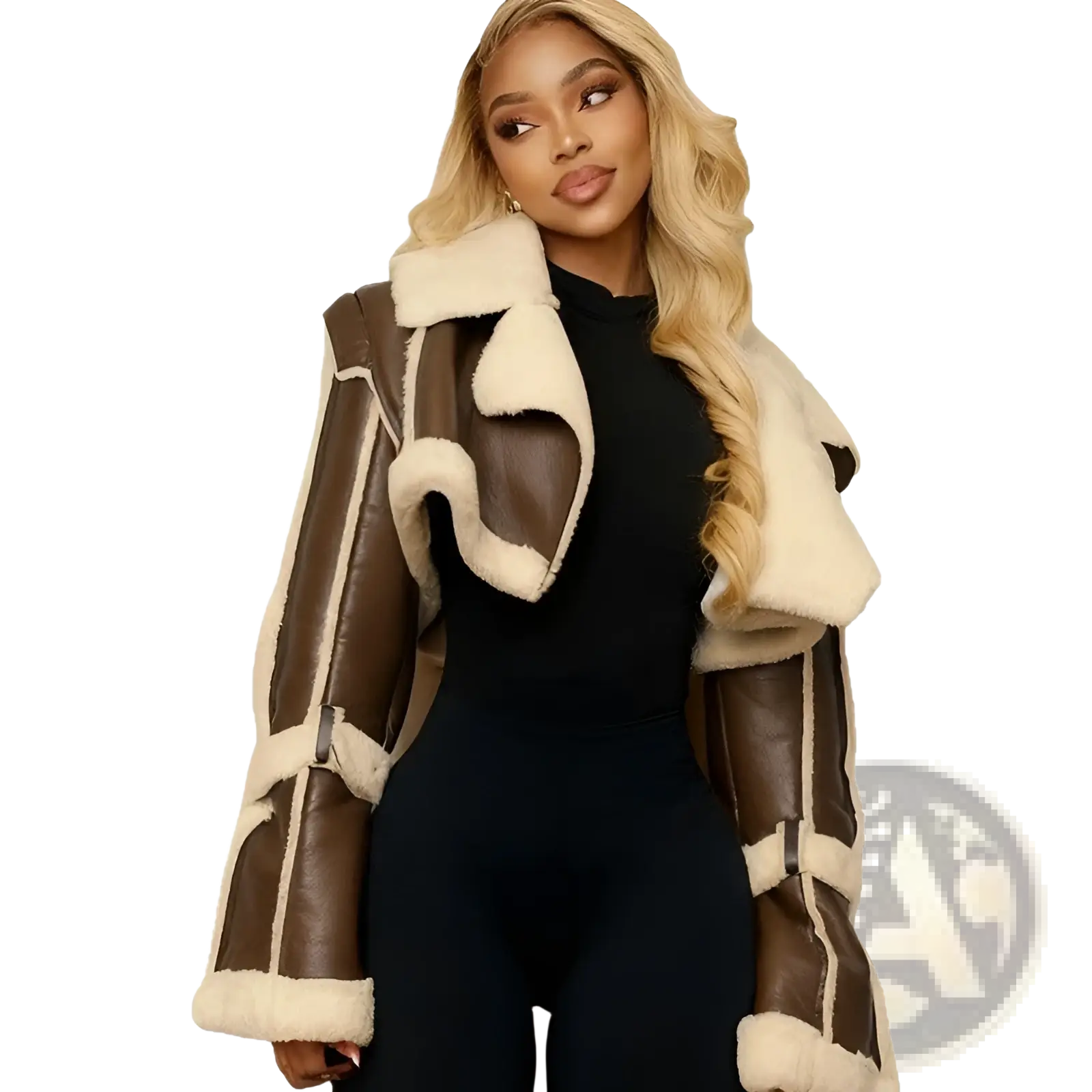 Brown shearling leather short jacket for women with cream-colored fleece lining and trim