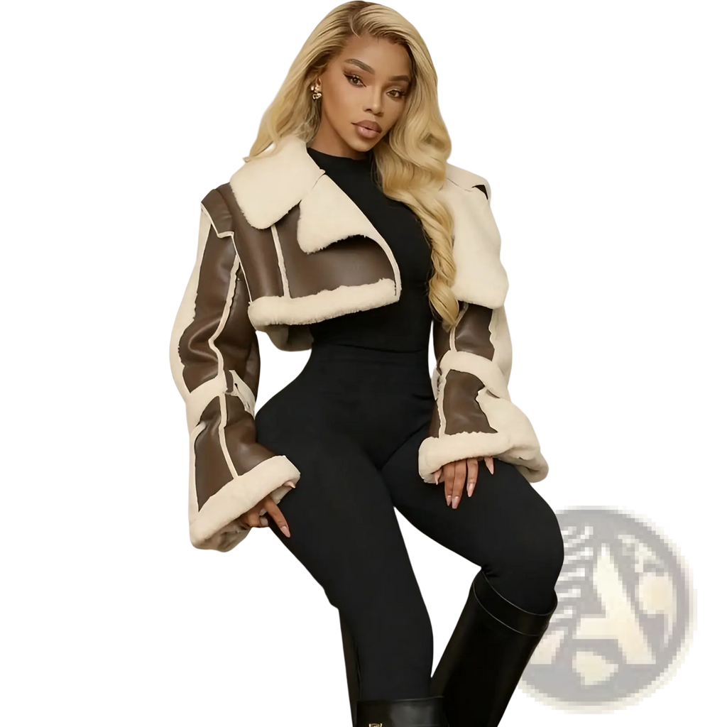 Brown and cream shearling leather short jacket for women featuring contrasting leather panels and a bomber style design