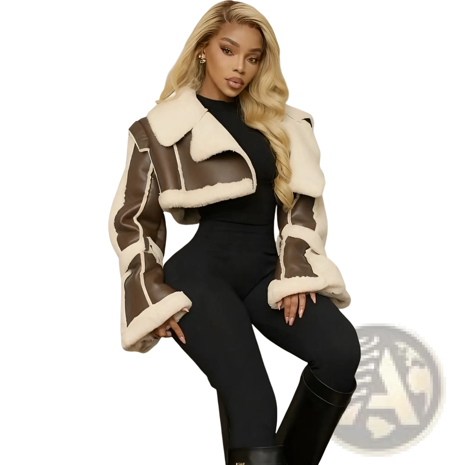 Brown and cream shearling leather short jacket for women featuring contrasting leather panels and a bomber style design