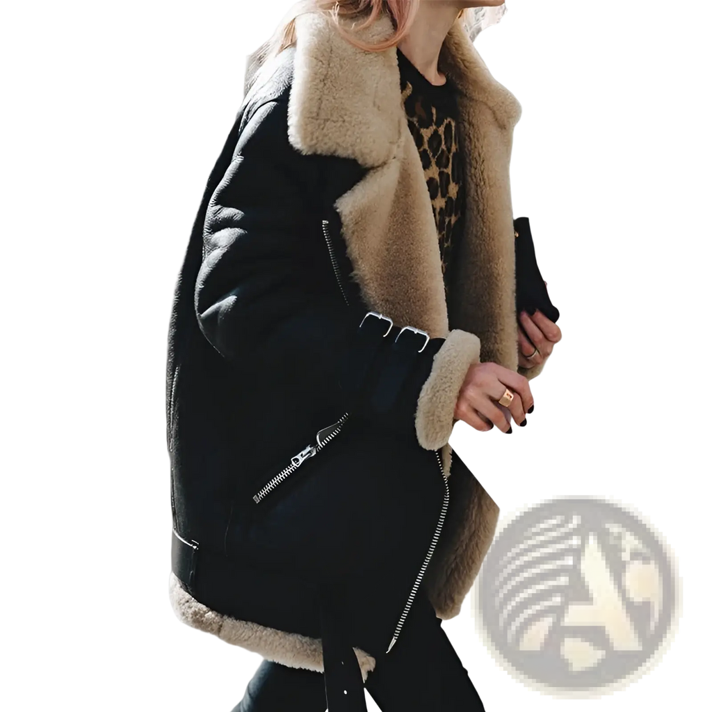 Black shearling lined suede bomber jacket with tan fur trim and silver zippers featuring leather detailing