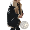 Black shearling lined suede bomber jacket with tan fur trim and silver zippers featuring leather detailing